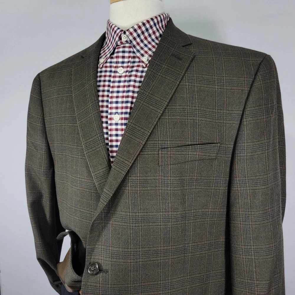 Michael Kors Men's Sport Coat Blazer Two Button Olive Brown Plaid Poly Rayon 48R